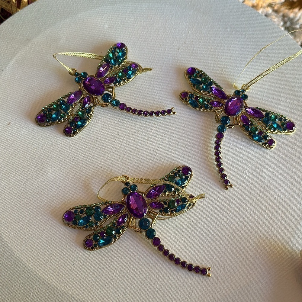 3 Purple and Blue Jeweled Dragonflies  Ornaments bundled